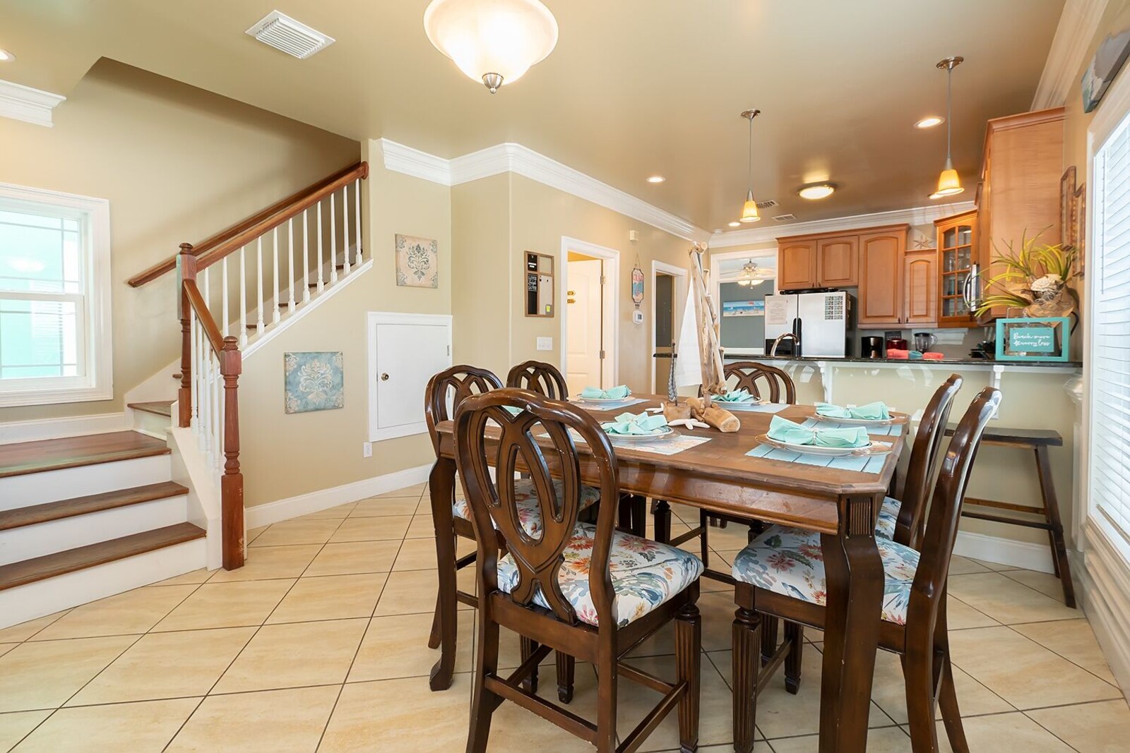 refrigerator, indoor, staircase, microwave, indoor dining, handrail, dining table, daytime at Albacore Adventure PCB